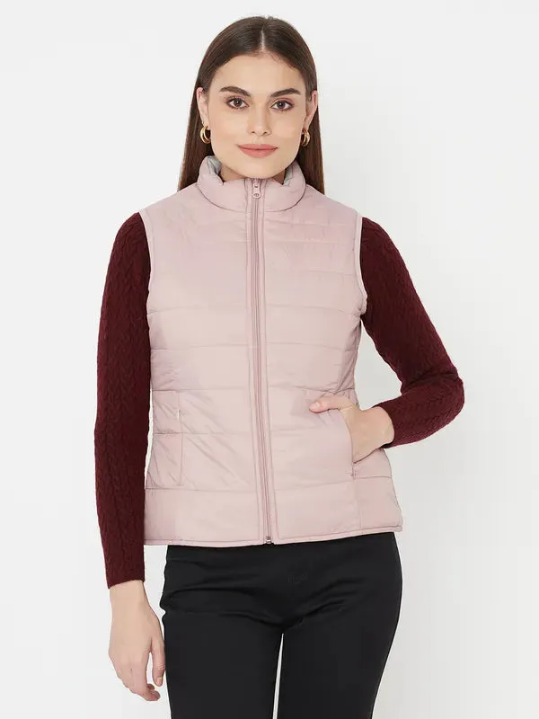 Mettle Women Pink Geometric Sleevless Puffer Jacket