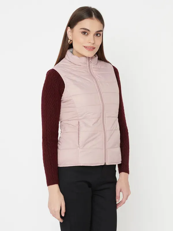 Mettle Women Pink Geometric Sleevless Puffer Jacket