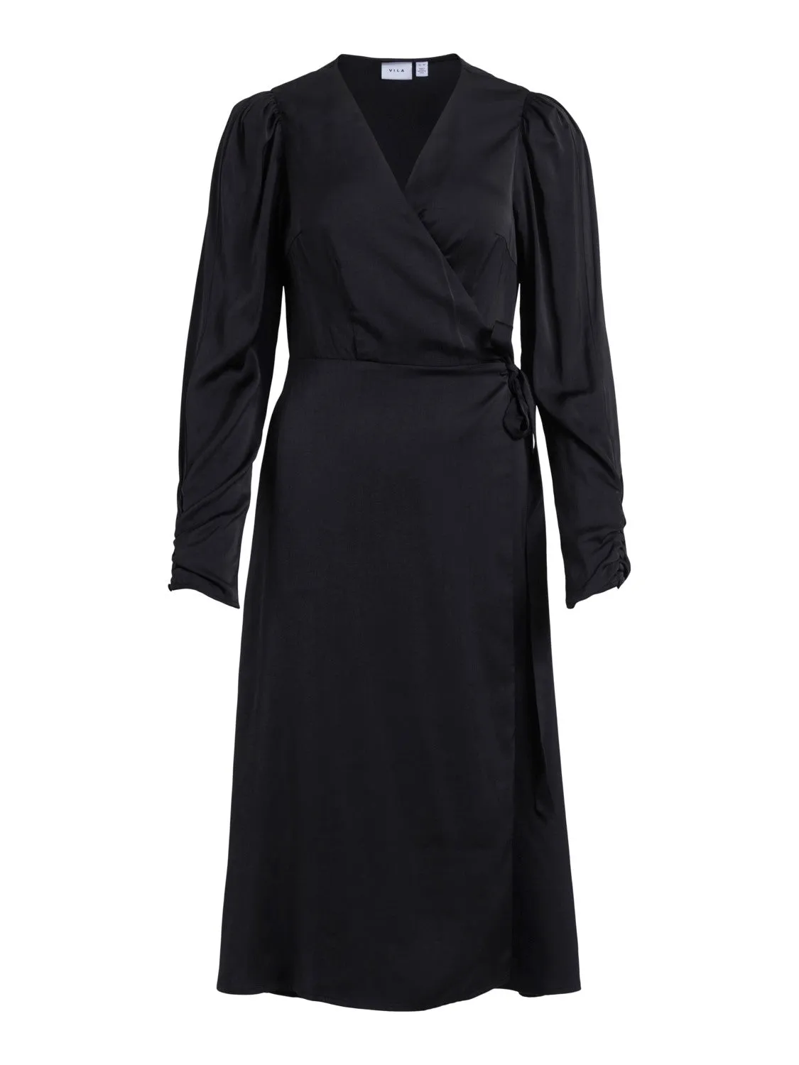 Miele Satin Wrap Midi Dress (Black)