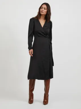 Miele Satin Wrap Midi Dress (Black)