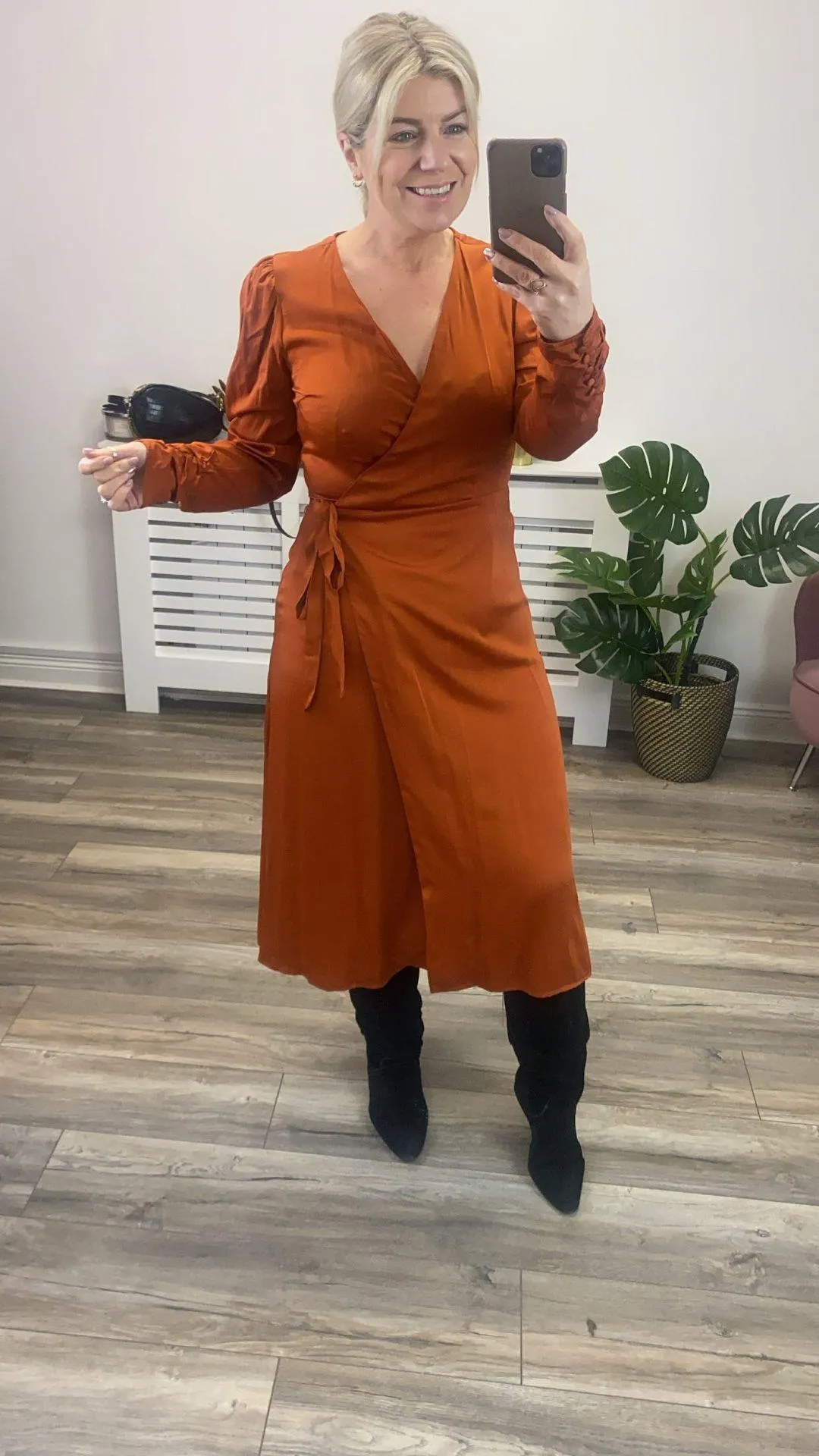 Miele Satin Wrap Midi Dress (Cinnamon Stick)