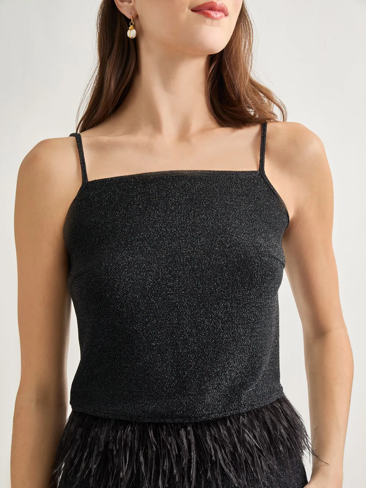 Modern Fit Ostrich Feather Trim Stretch Woven Tank