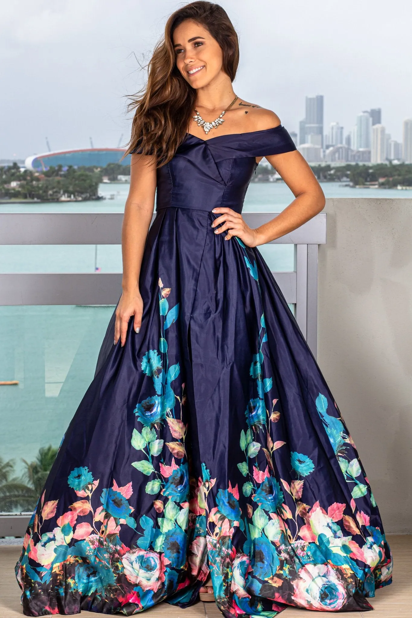 Navy Maxi Dress with Floral Print