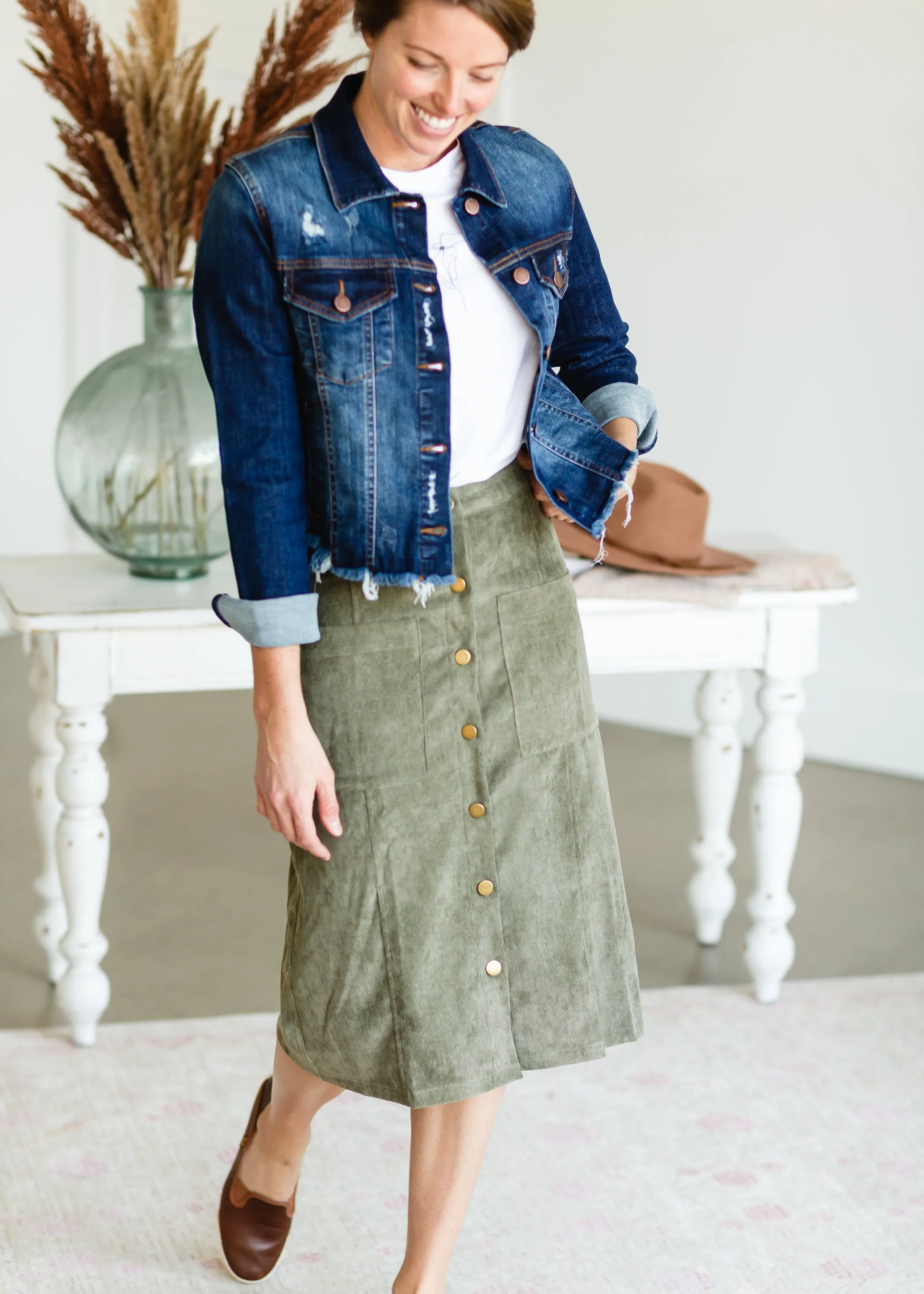 Olive Button Corduroy Midi Skirt - FINAL SALE