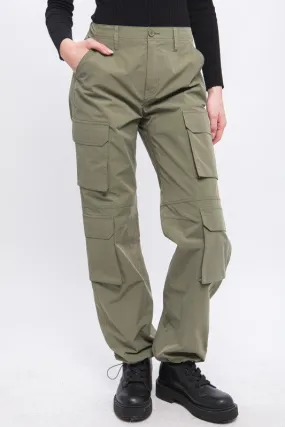 Olive Cargo Pants With Button Closure & Multiple Pockets