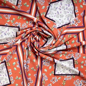 Orange Square Floral Print Crepe Fabric