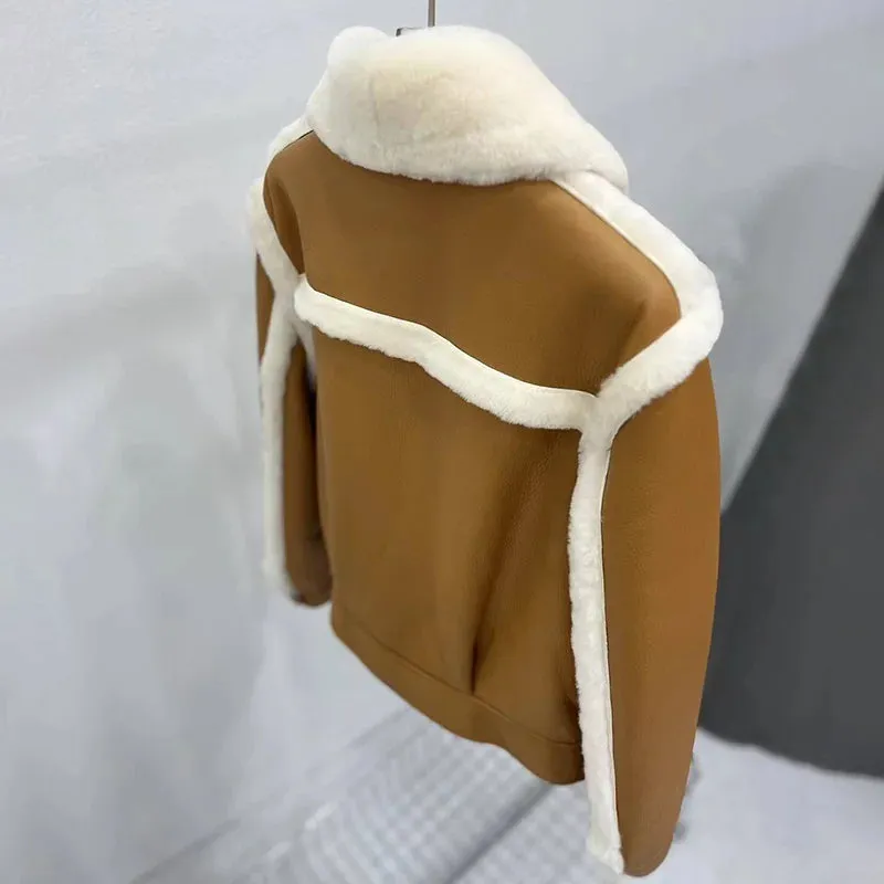 Patchwork Genuine Sheepskin Leather Short Shearling Jacket for Women (3 colors)