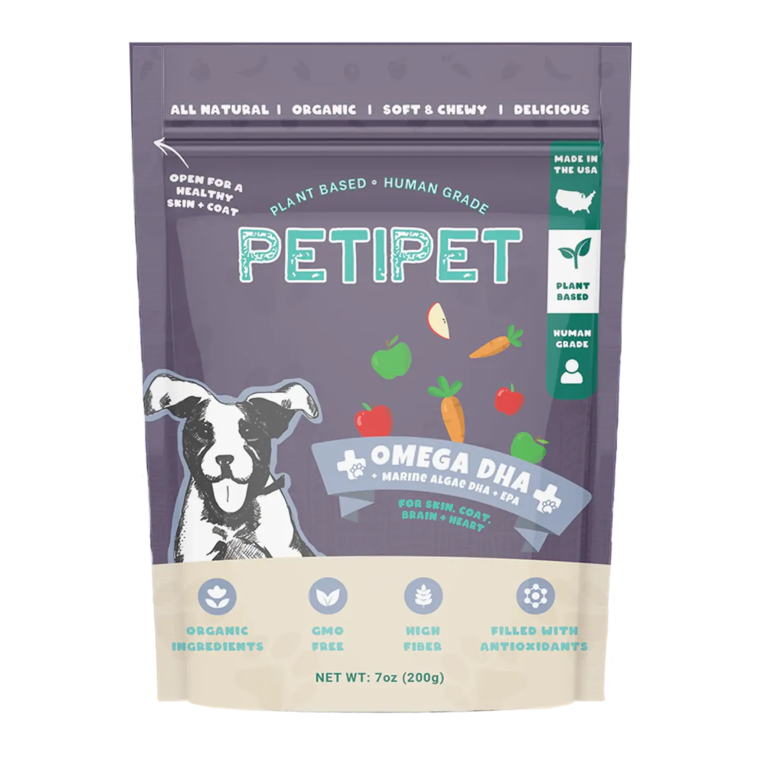 Petipet Omega DHA Bites with Marine Algae DHA   EPA Apple & Carrot Flavored Soft Chew Brain & Heart Health Supplement for Dogs, 7-oz bag