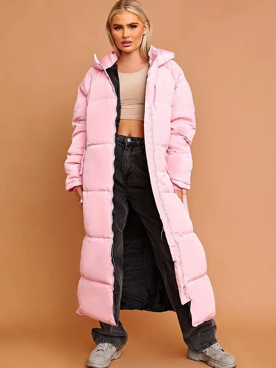 PETITE HOODED LONGLINE PUFFER JACKET-PINK