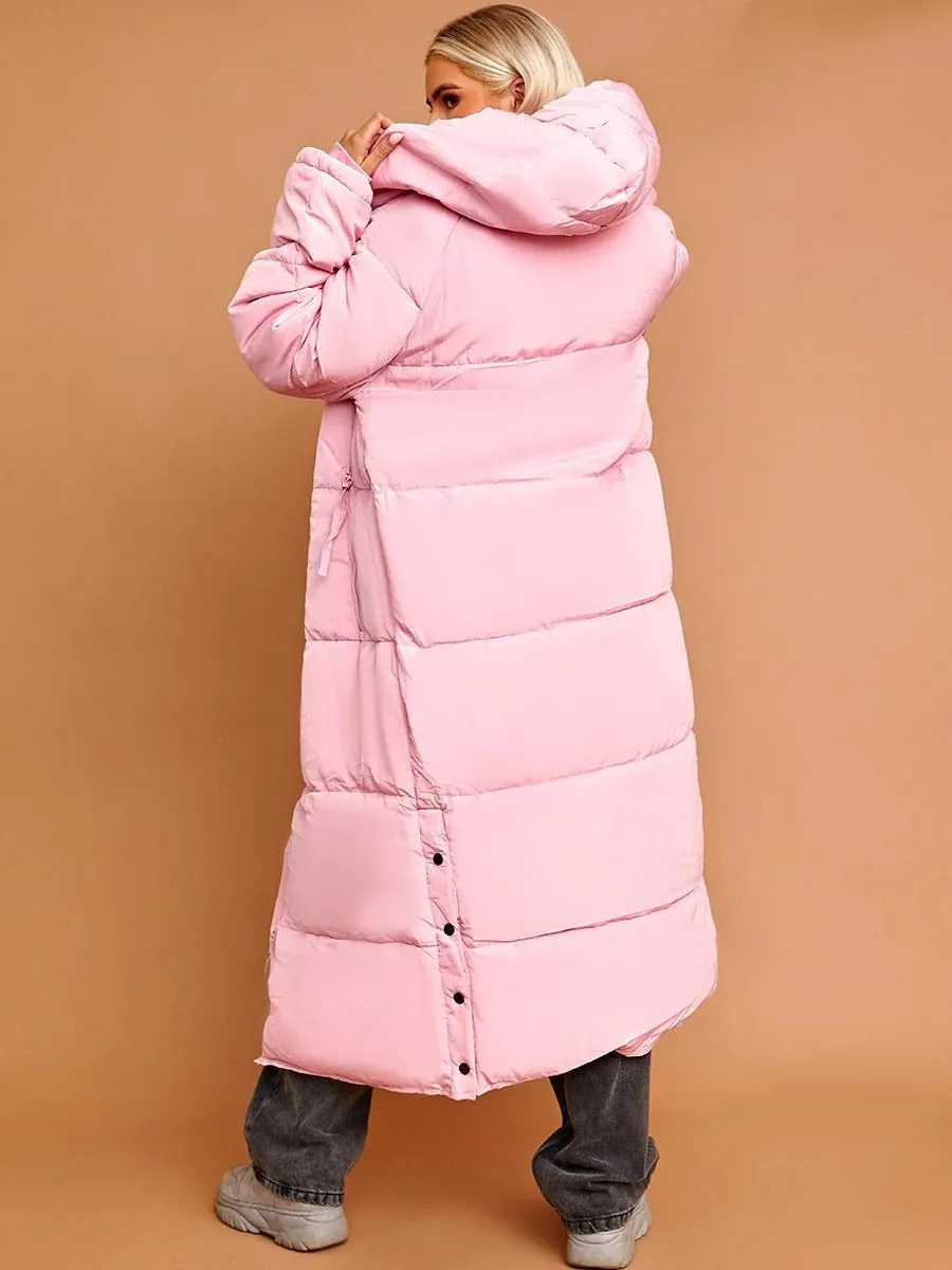 PETITE HOODED LONGLINE PUFFER JACKET-PINK