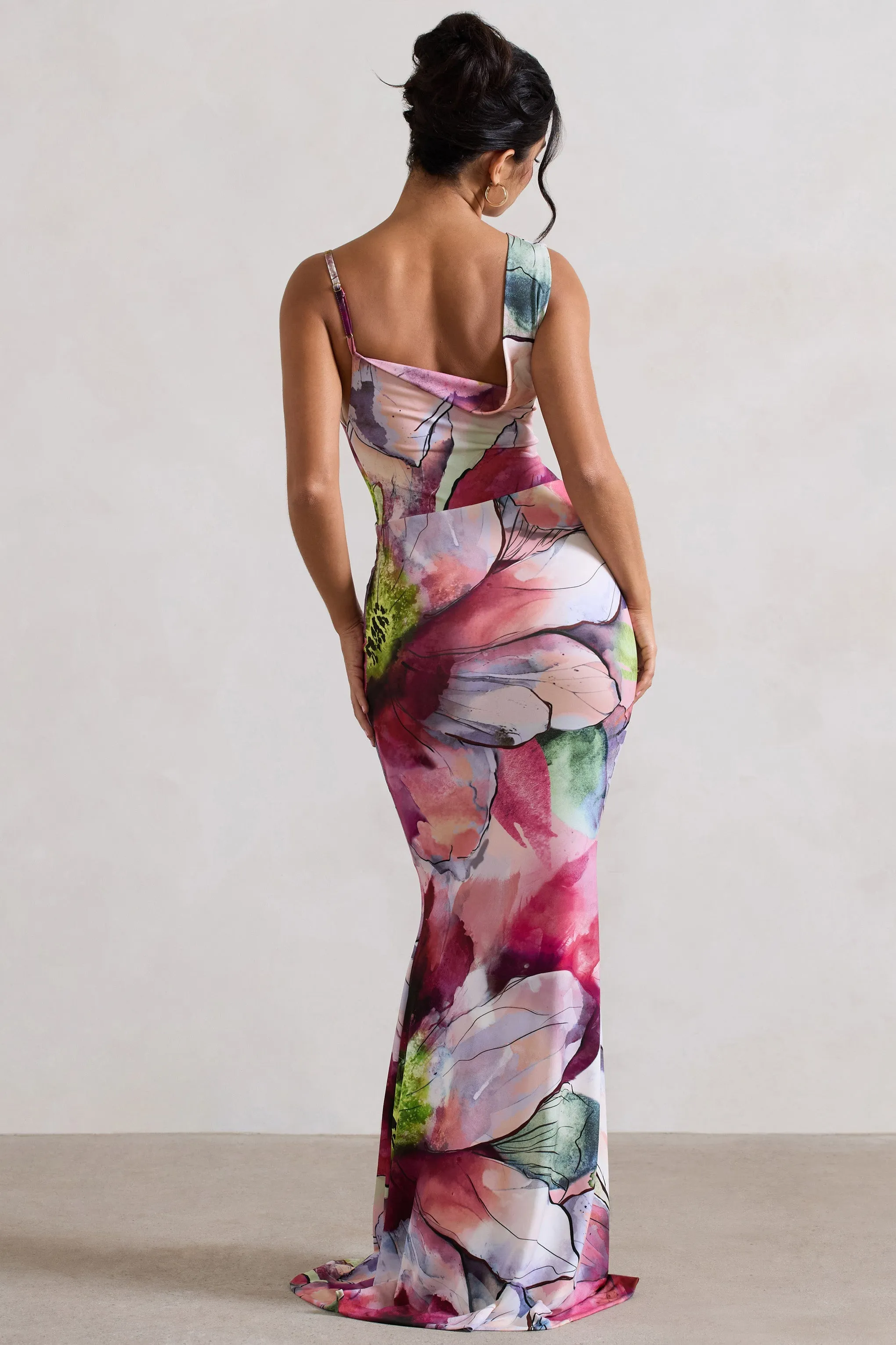 Phantasy | Pink Floral Print Asymmetric Neckline Cowl Maxi Dress