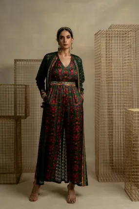 Phulvari Mehndi Jumpsuit With Embroidered Organza Jacket And Belt