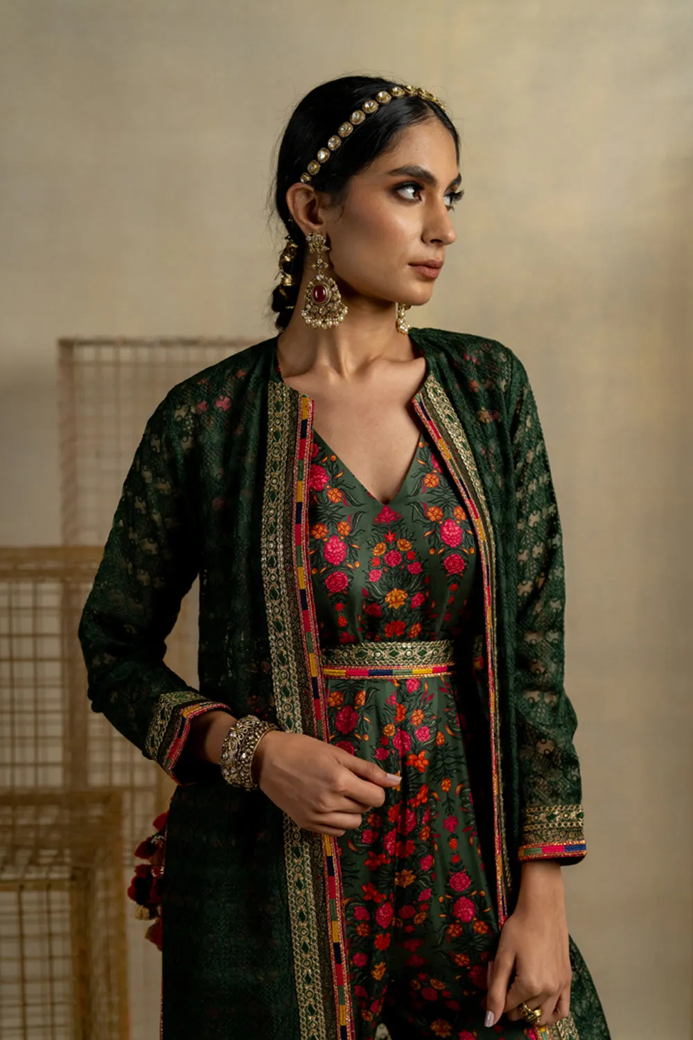 Phulvari Mehndi Jumpsuit With Embroidered Organza Jacket And Belt