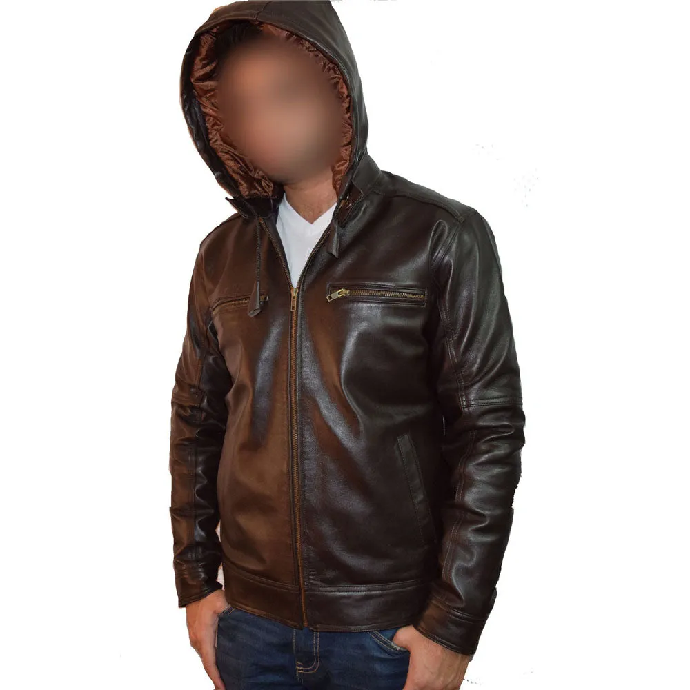 Plain dark brown leather jacket with hoodie