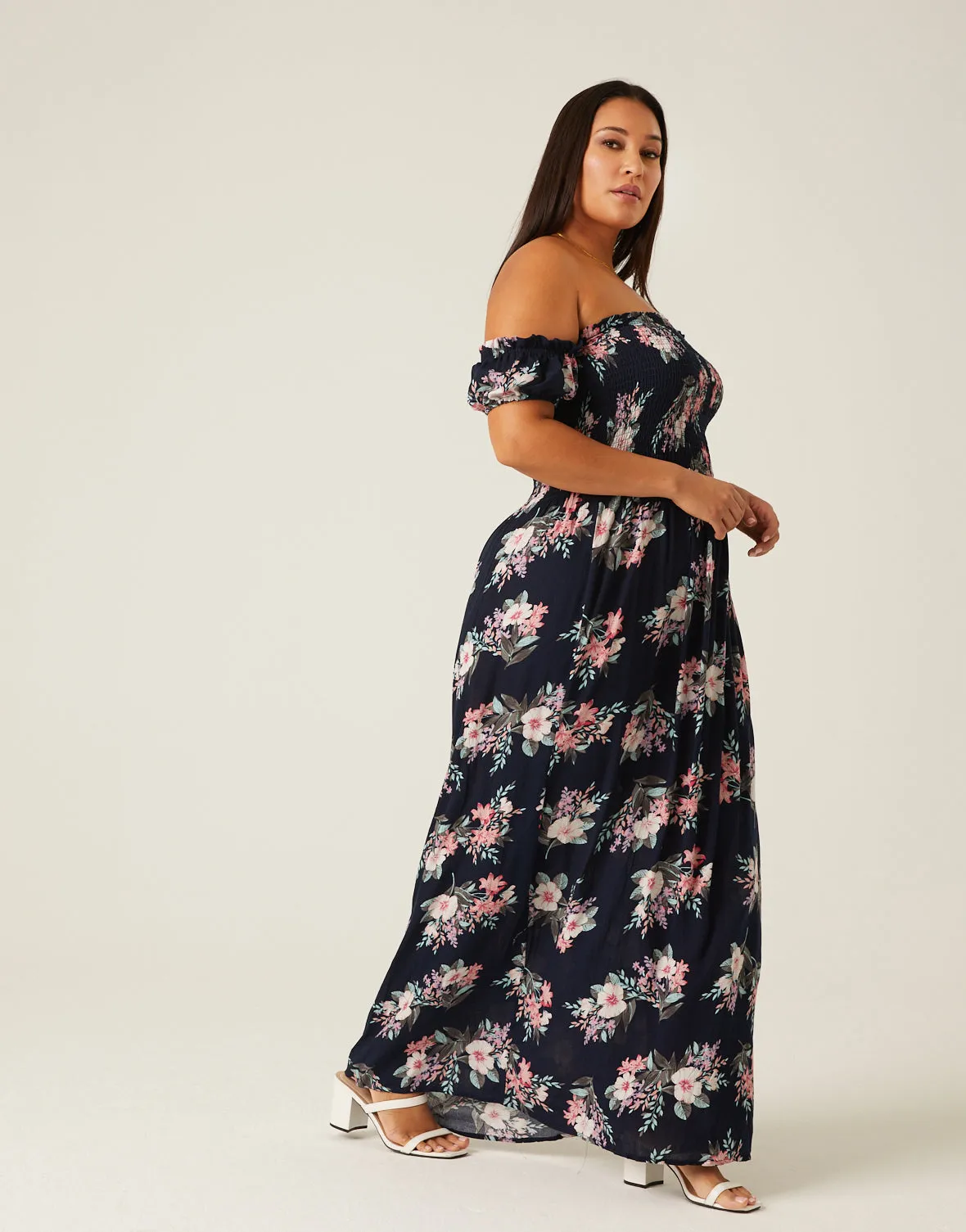 Plus Size Off Shoulder Floral Maxi Dress