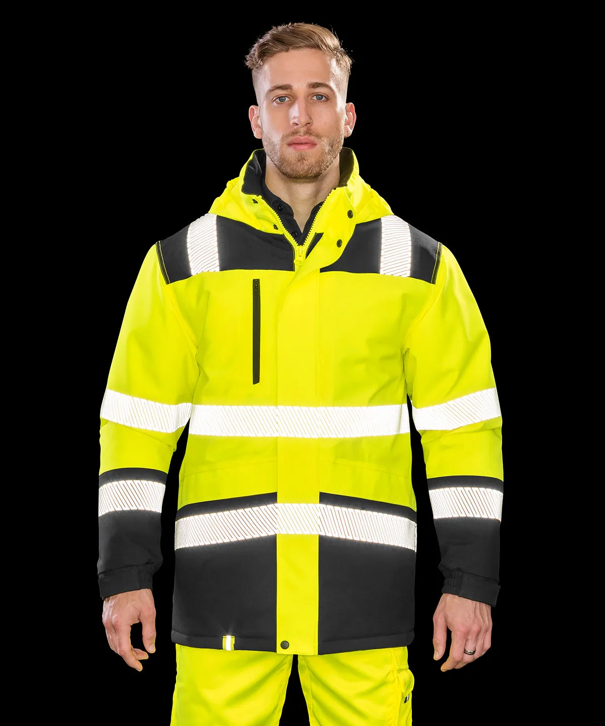 Printable softshell safety coat | Fluorescent Yellow/Black