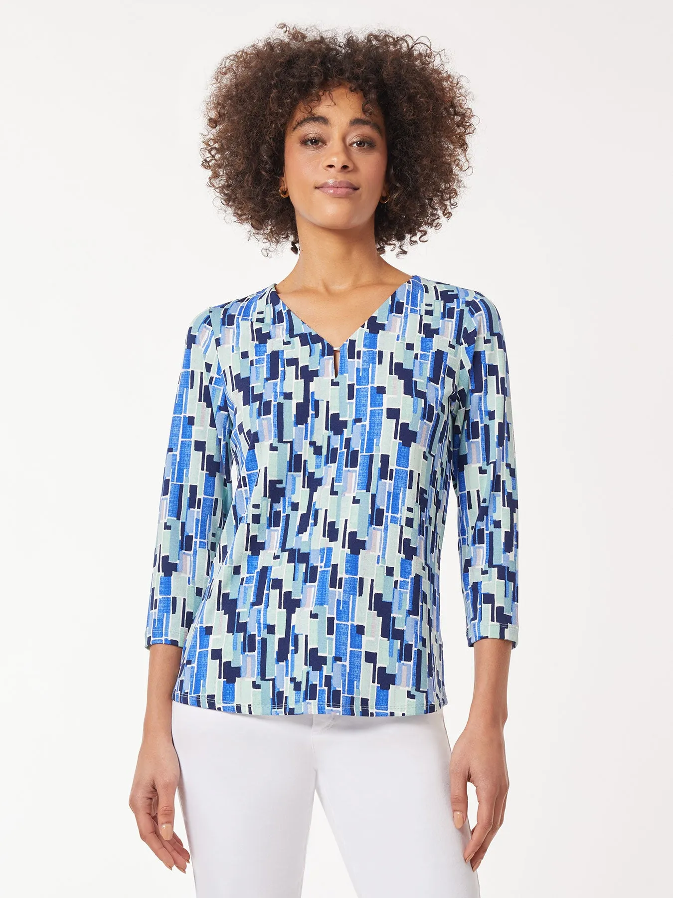 Printed Keyhole Neckline Moss Crepe Top