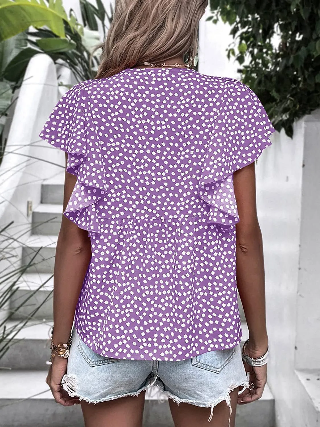 Purple Floral Print Ruffle Sleeve Blouse