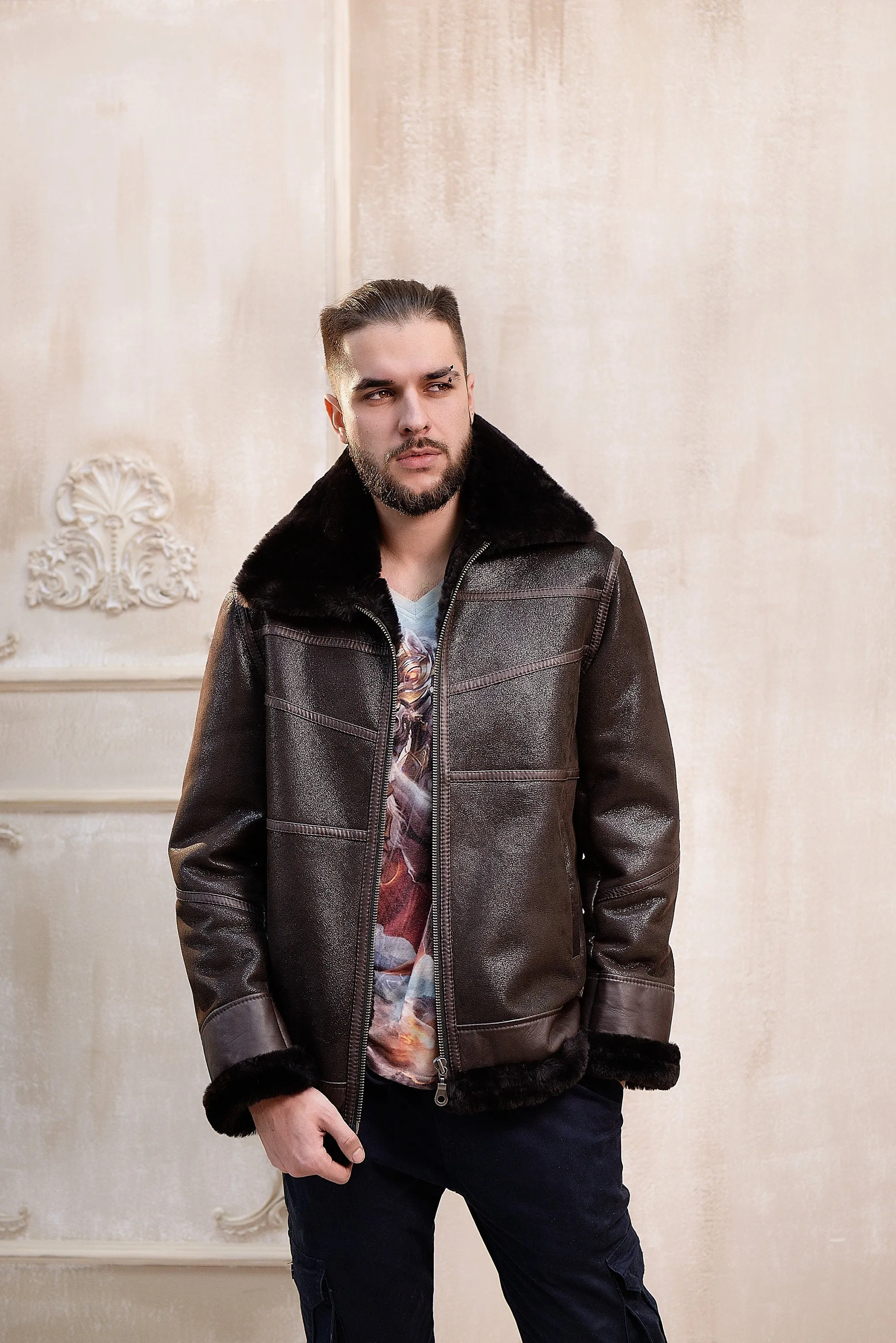 Real Mens Shearling Sheepskin Aviator Jacket with Leather Inserts in Dark Brown Color with Wide Fur Collar