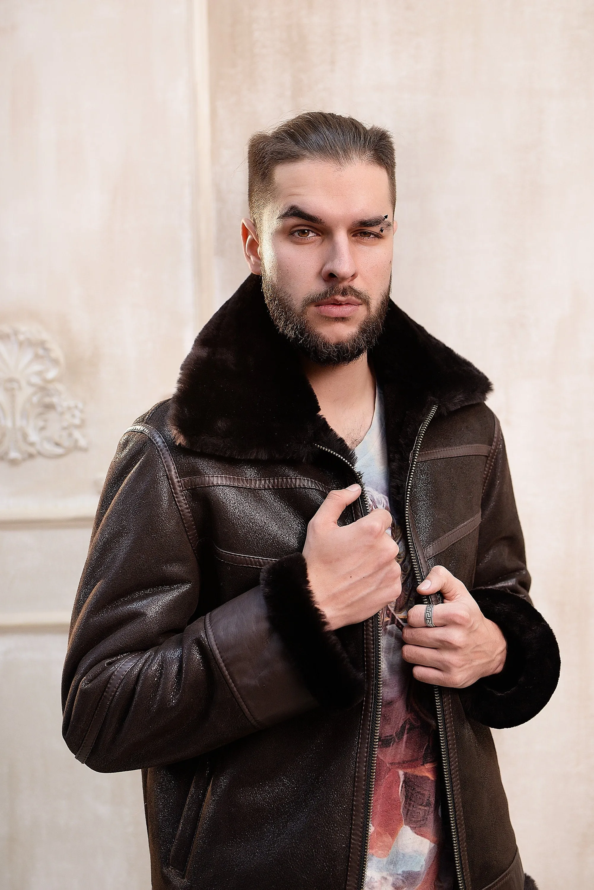 Real Mens Shearling Sheepskin Aviator Jacket with Leather Inserts in Dark Brown Color with Wide Fur Collar