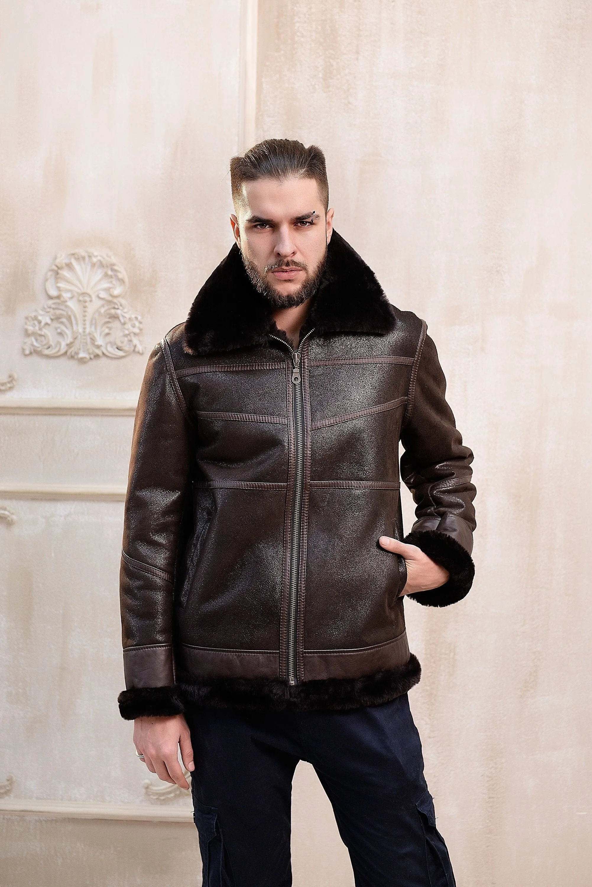 Real Mens Shearling Sheepskin Aviator Jacket with Leather Inserts in Dark Brown Color with Wide Fur Collar