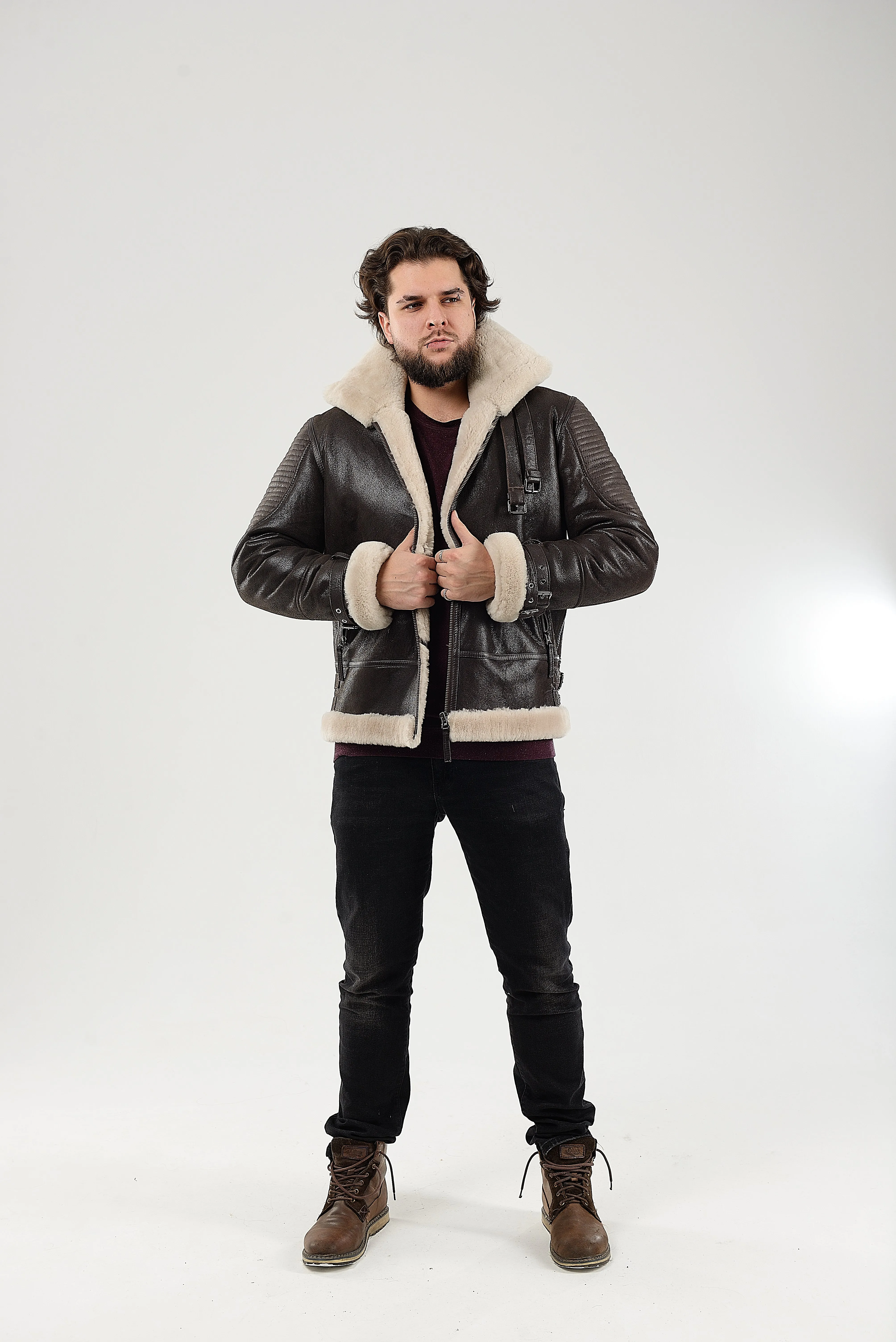 Real Winter Leather Mens Shearling Heiko Jacket with Fur Collar