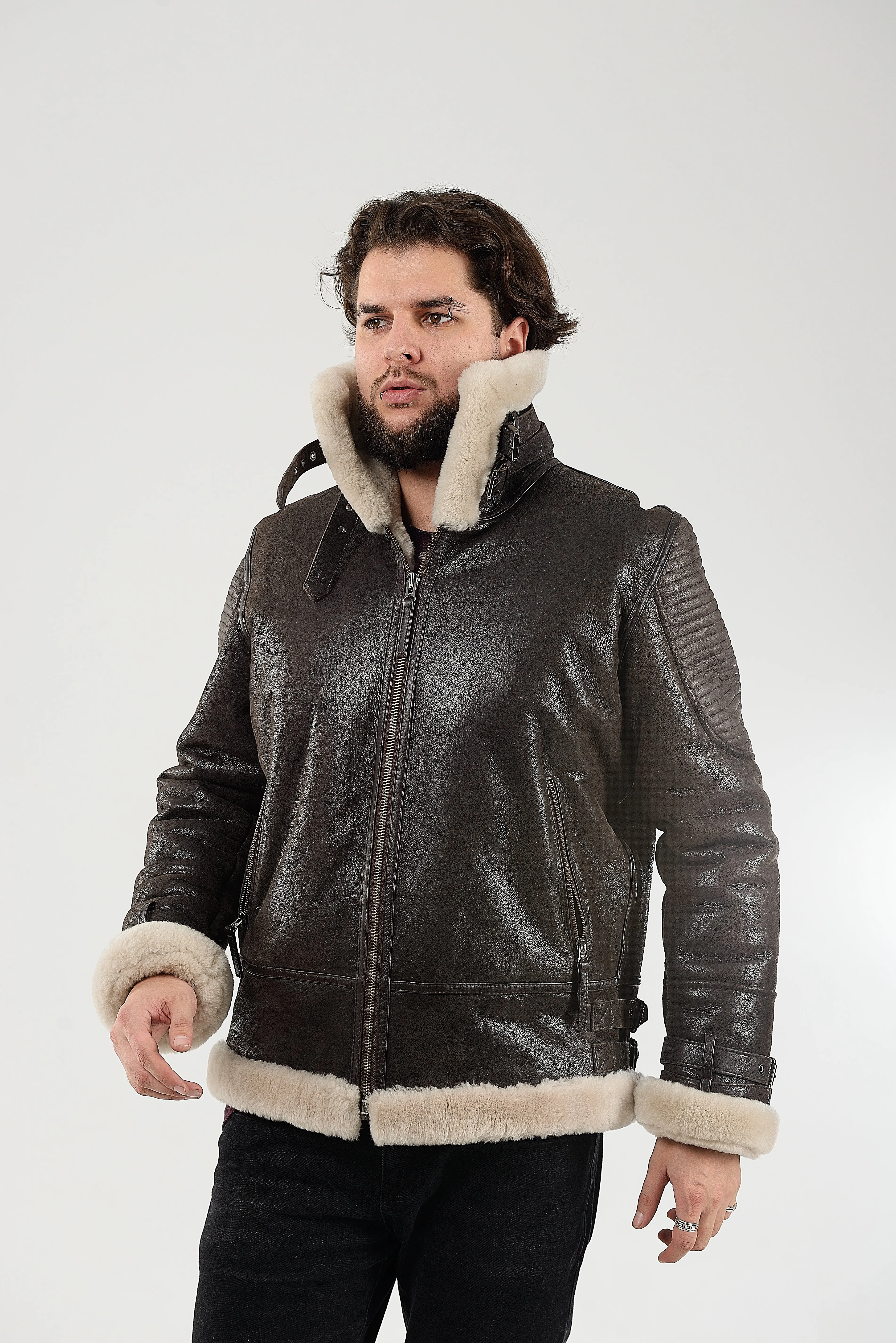 Real Winter Leather Mens Shearling Heiko Jacket with Fur Collar