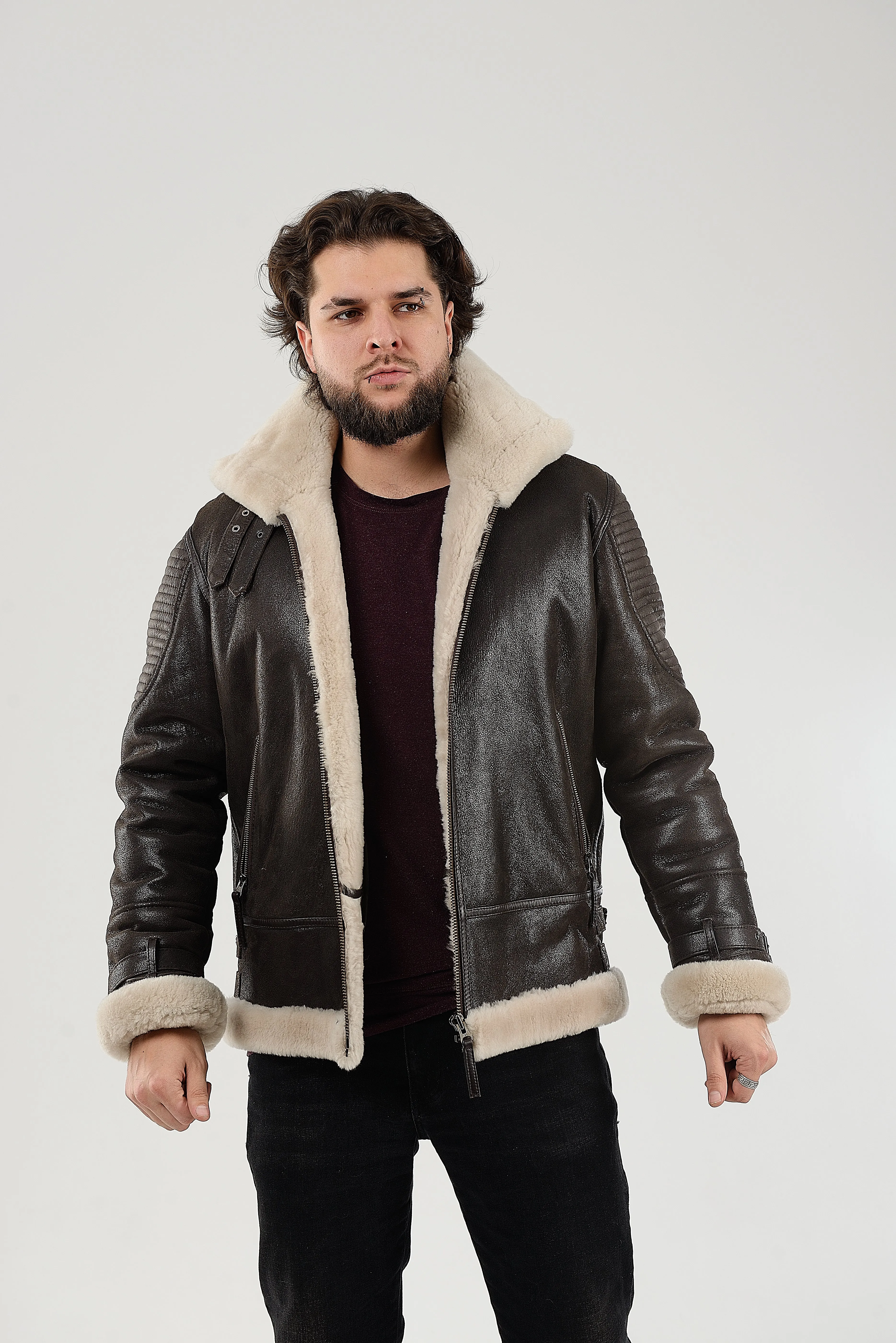 Real Winter Leather Mens Shearling Heiko Jacket with Fur Collar