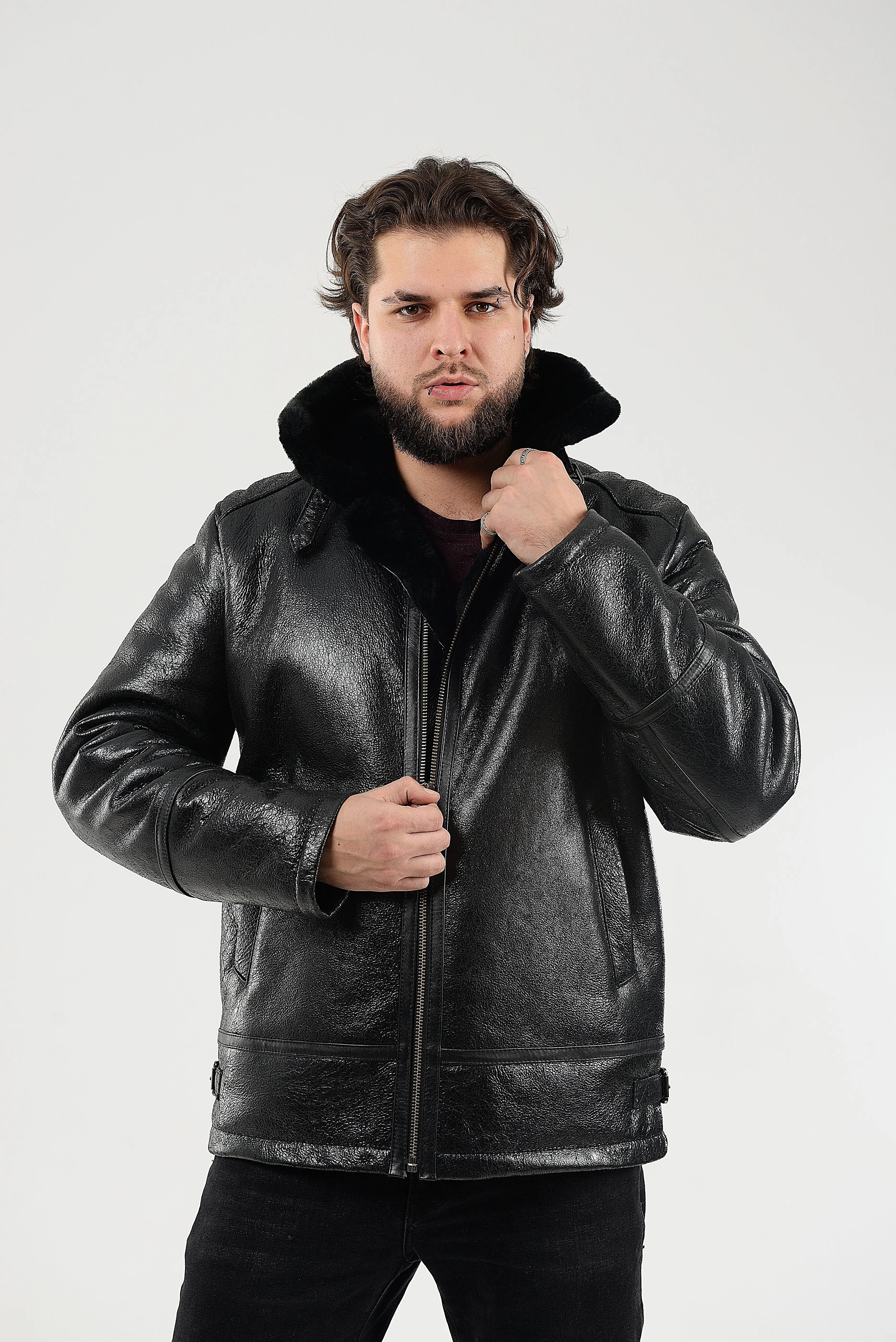 Real Winter Leather Mens Shearling Pilot Jacket in Black Color with Fur Collar