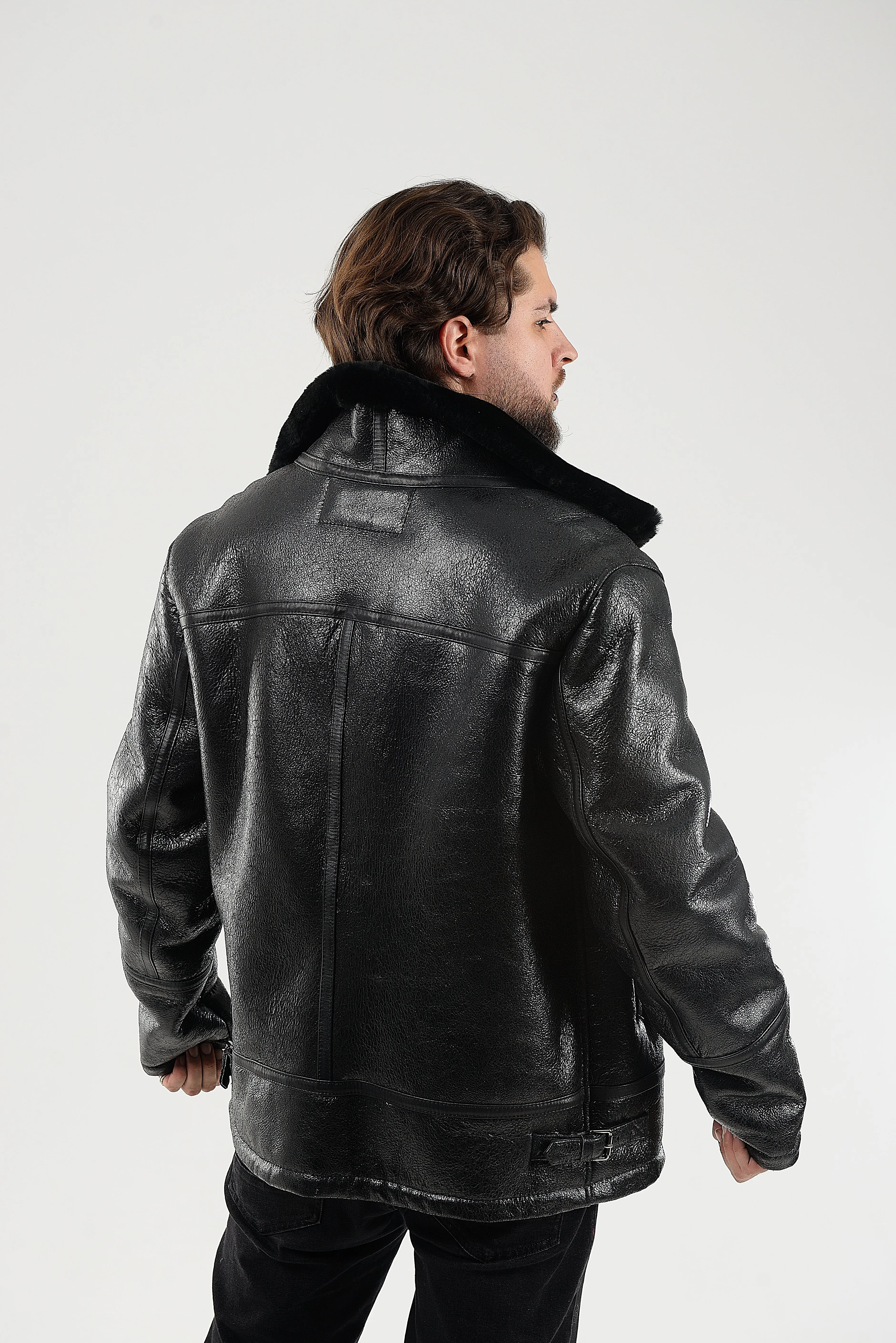 Real Winter Leather Mens Shearling Pilot Jacket in Black Color with Fur Collar