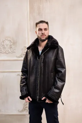 Real Winter Leather Mens Shearling Pilot Jacket in Black Color with Fur Collar