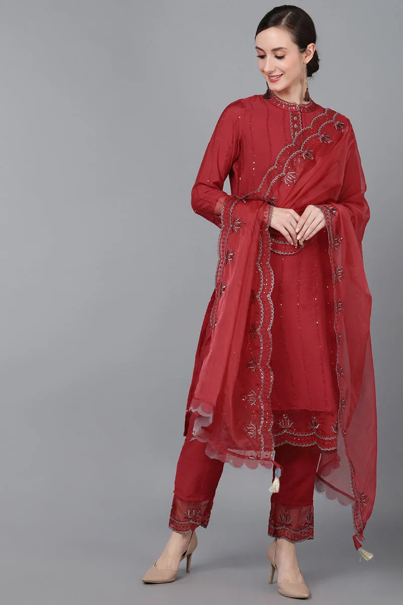 Red Poly Silk Sequin Embroidery Straight Suit Set