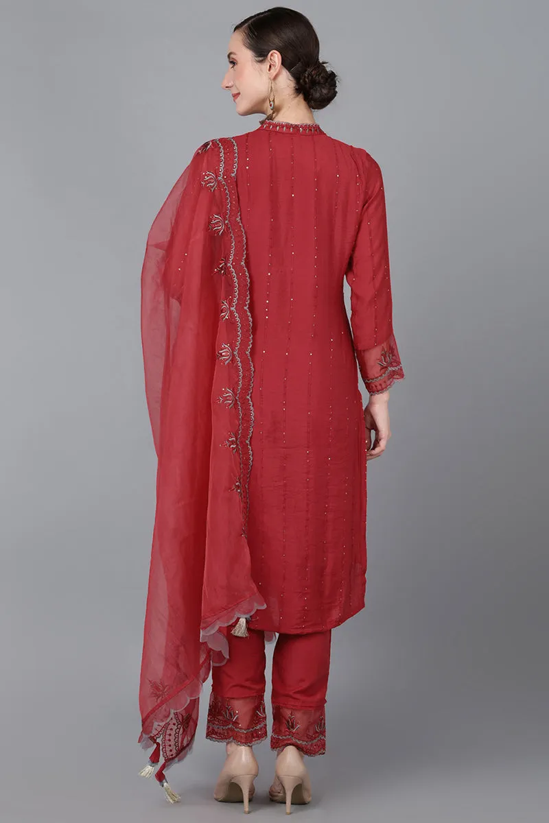 Red Poly Silk Sequin Embroidery Straight Suit Set