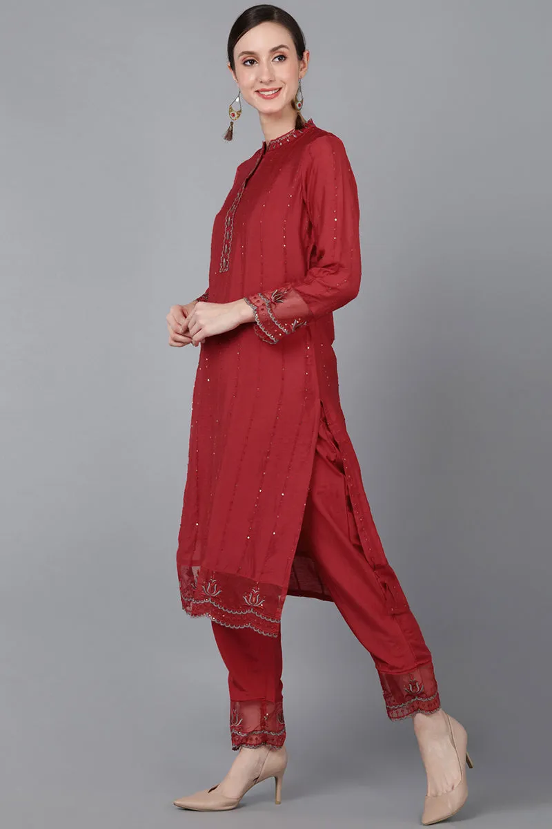 Red Poly Silk Sequin Embroidery Straight Suit Set