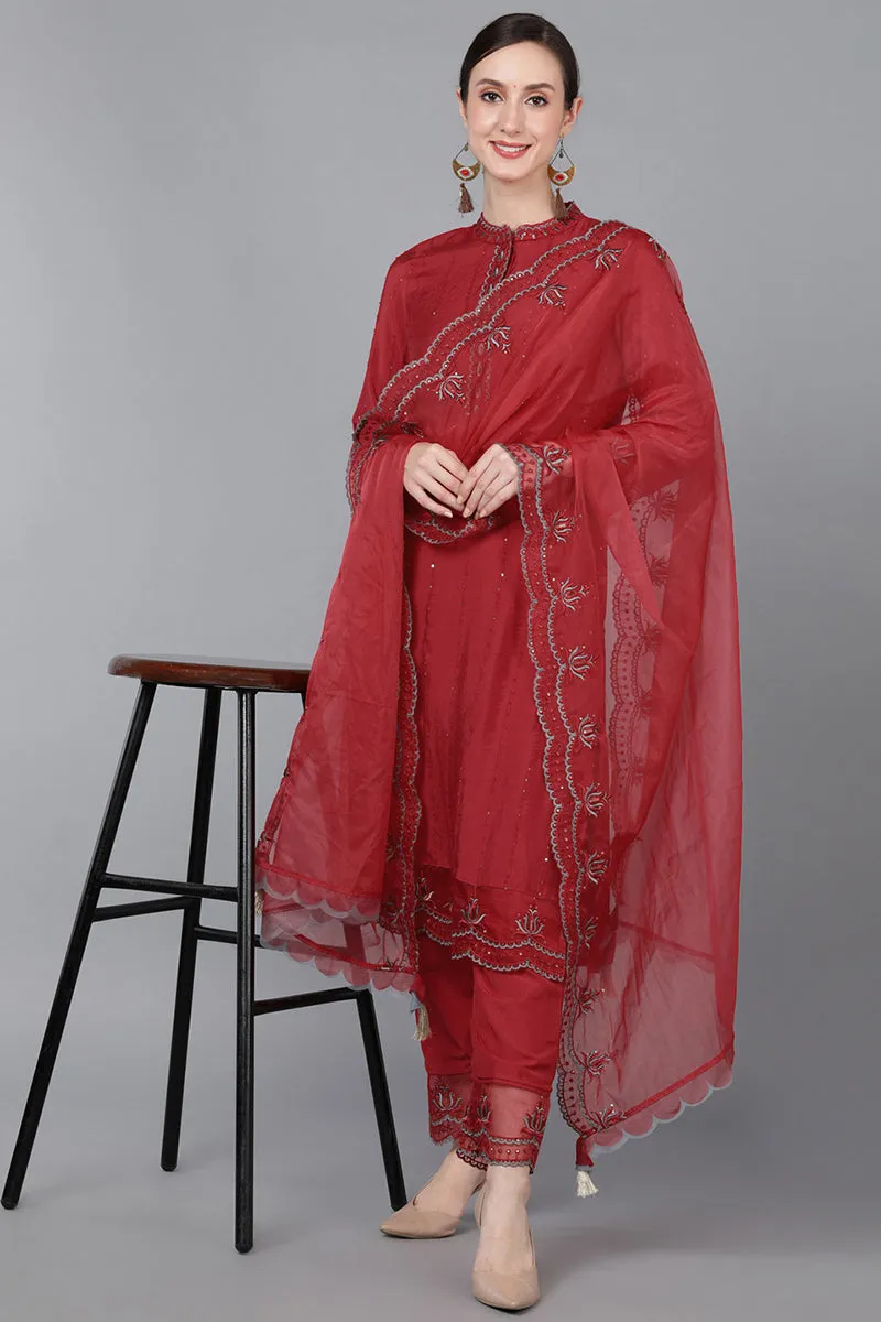 Red Poly Silk Sequin Embroidery Straight Suit Set