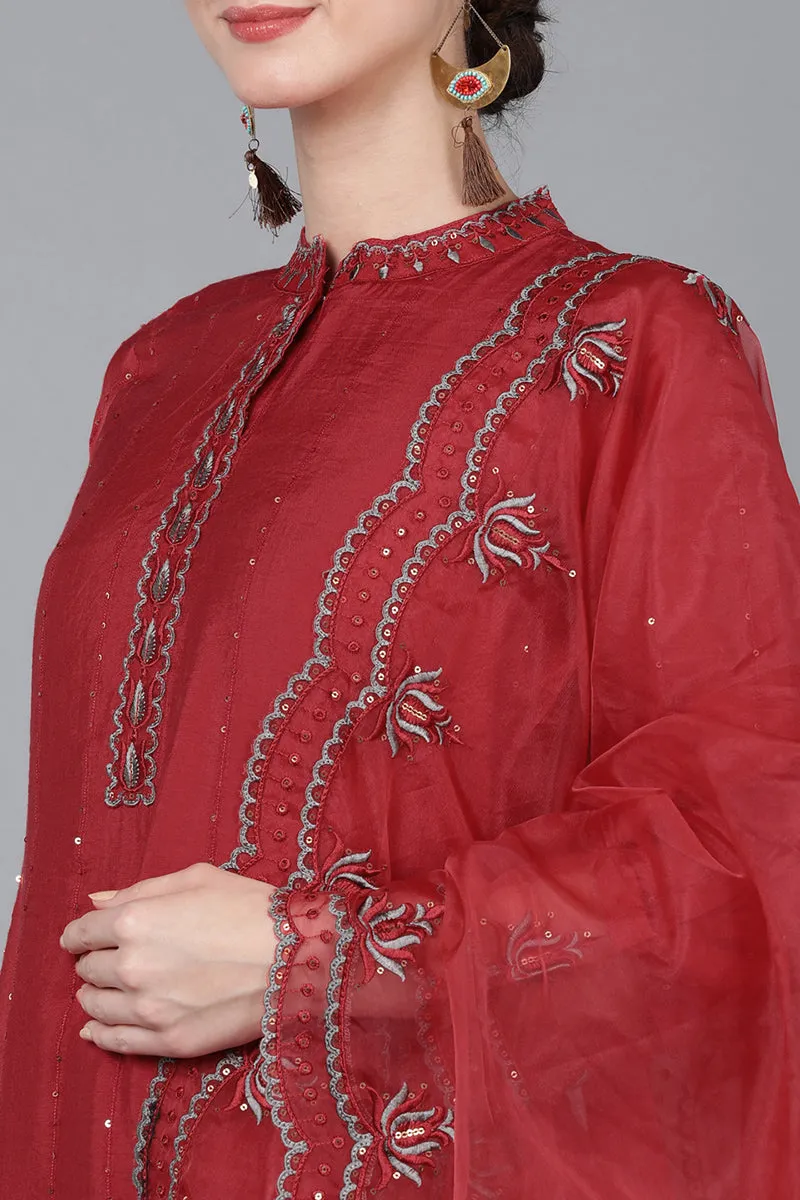 Red Poly Silk Sequin Embroidery Straight Suit Set