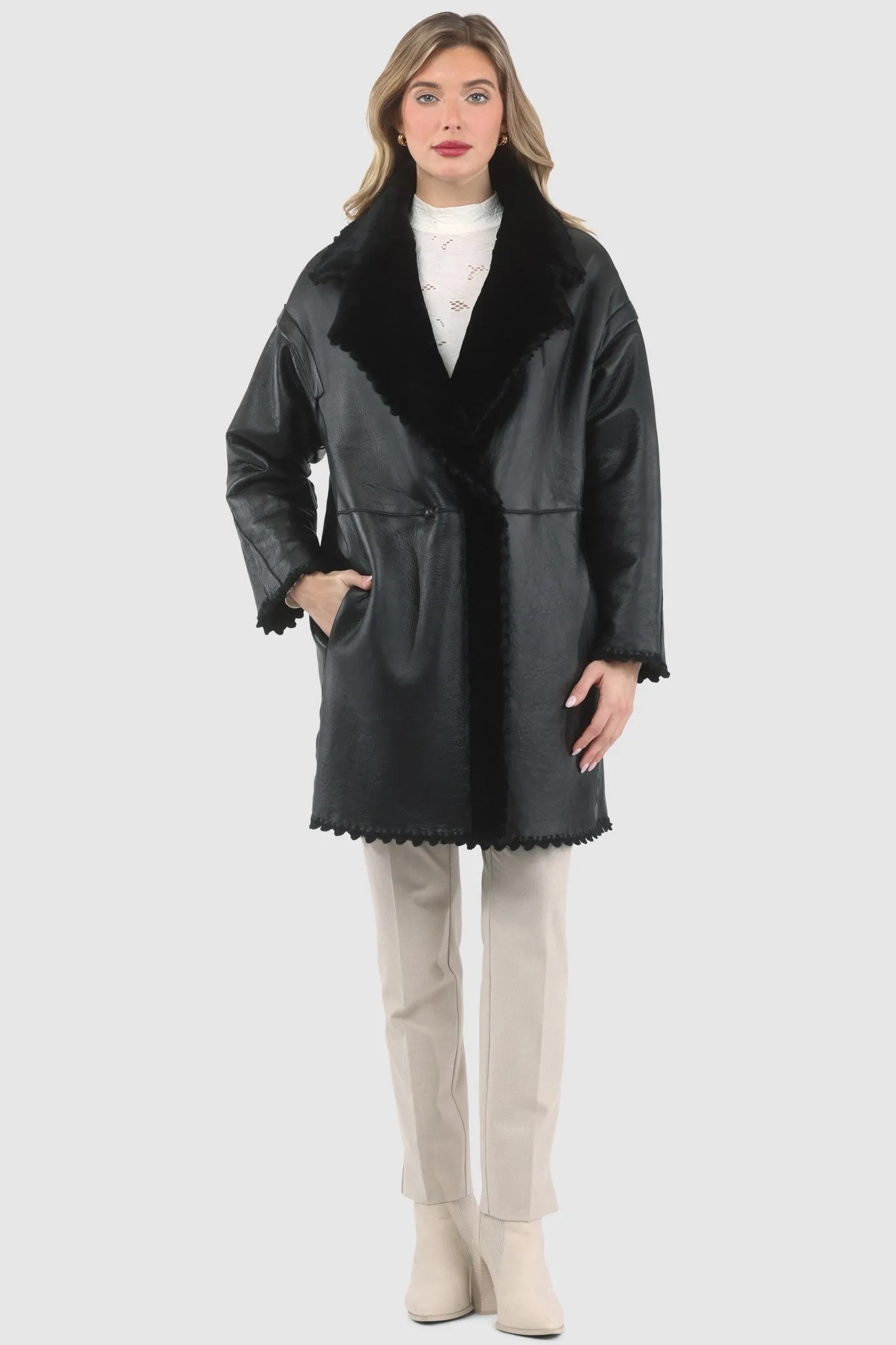 Reversible Select Shearling Lamb Jacket with Embroiderd Trim