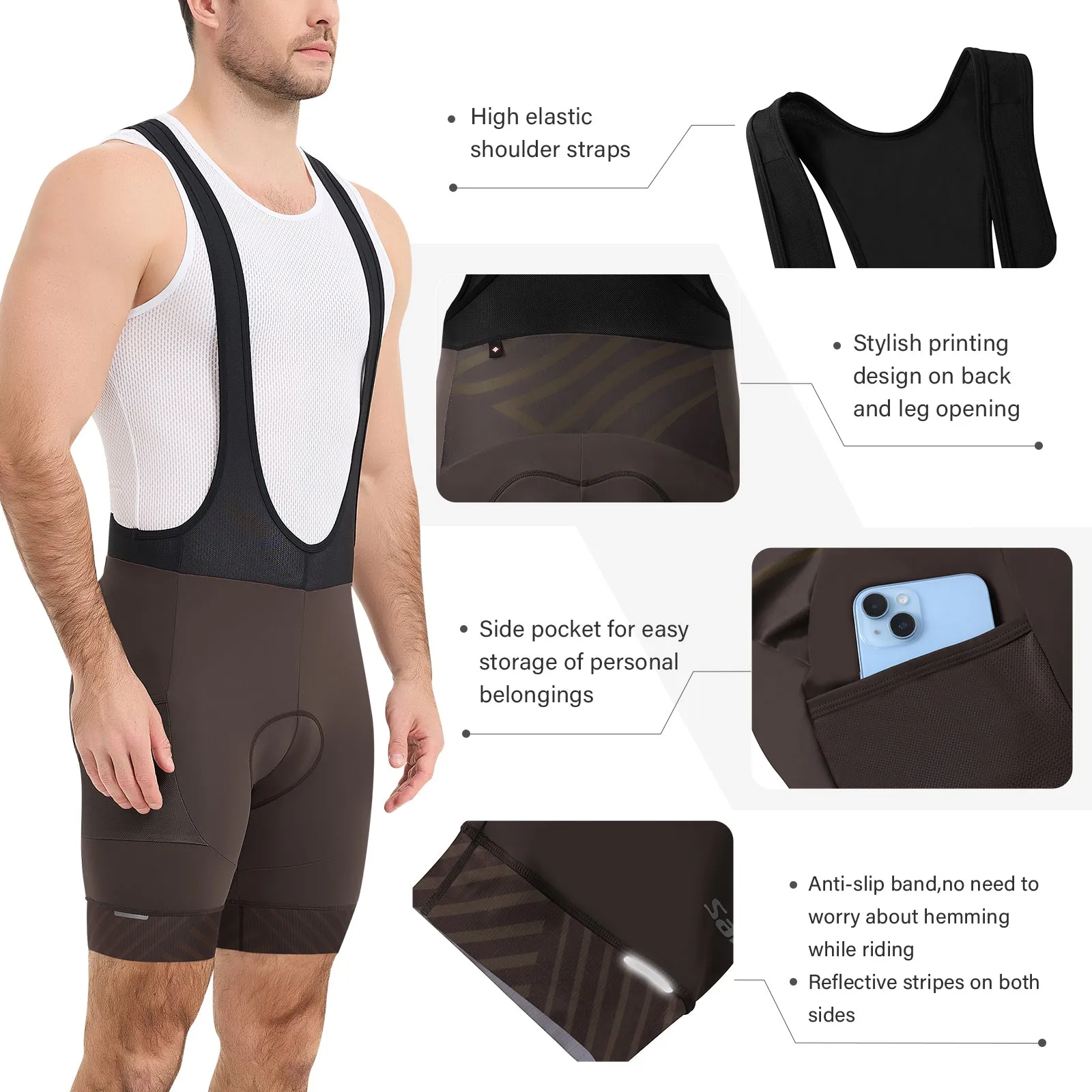 Santic Cycling Bib Shorts Men Padded With Pocket Brown