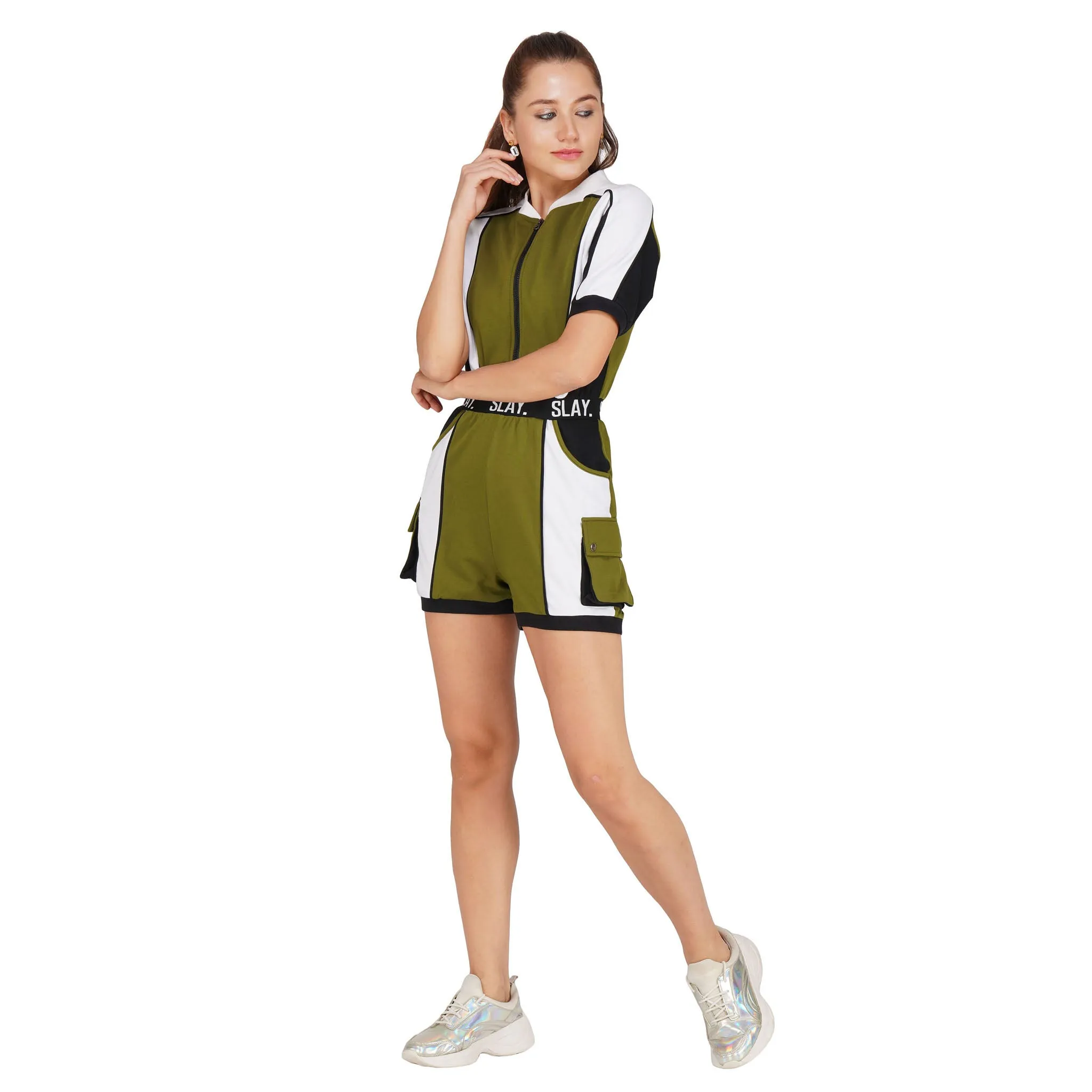 SLAY. Women's Colorblock Romper Olive White Black