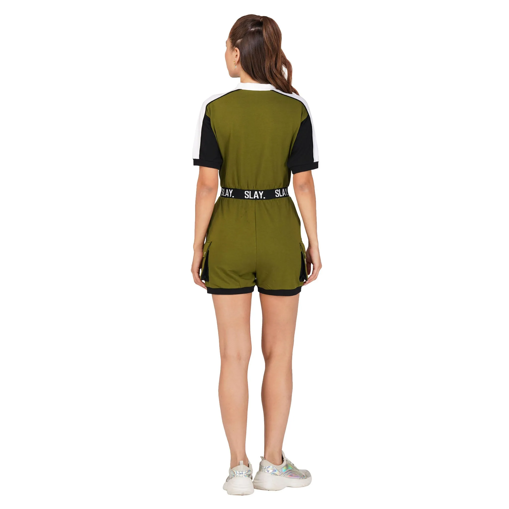 SLAY. Women's Colorblock Romper Olive White Black