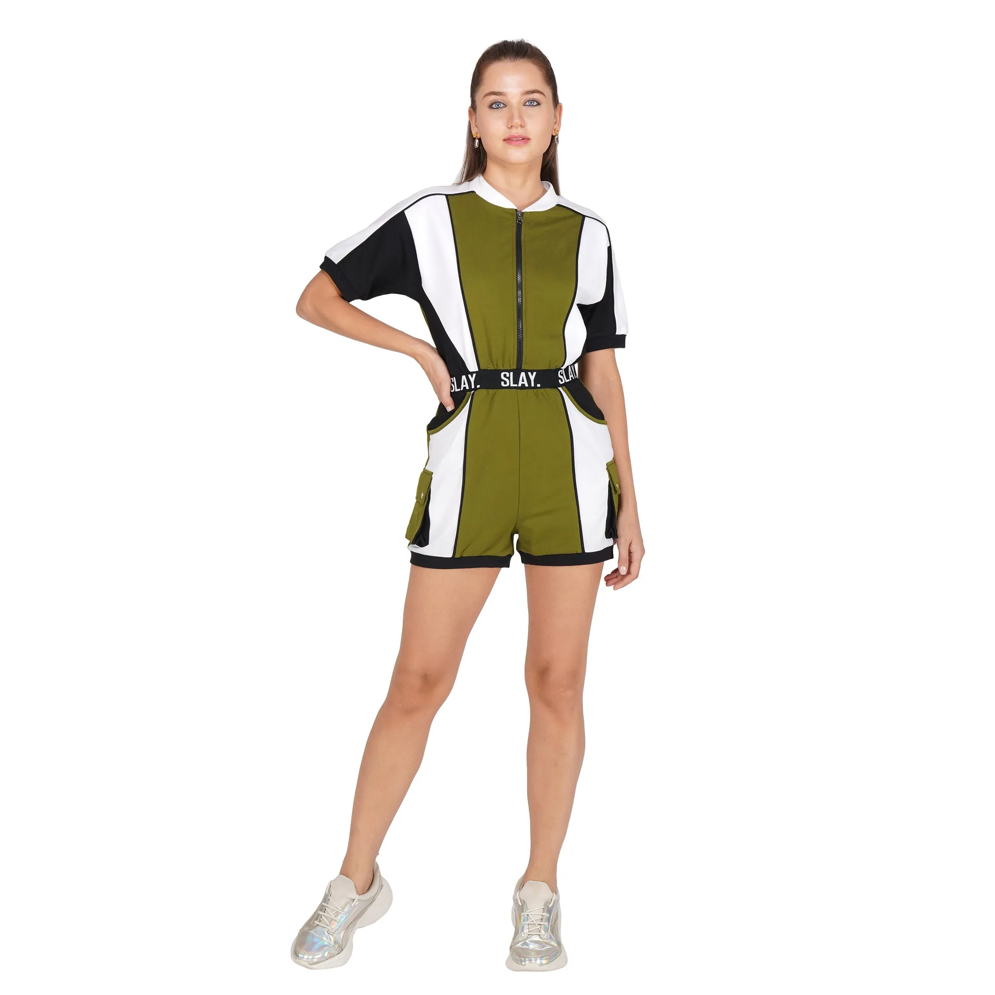 SLAY. Women's Colorblock Romper Olive White Black