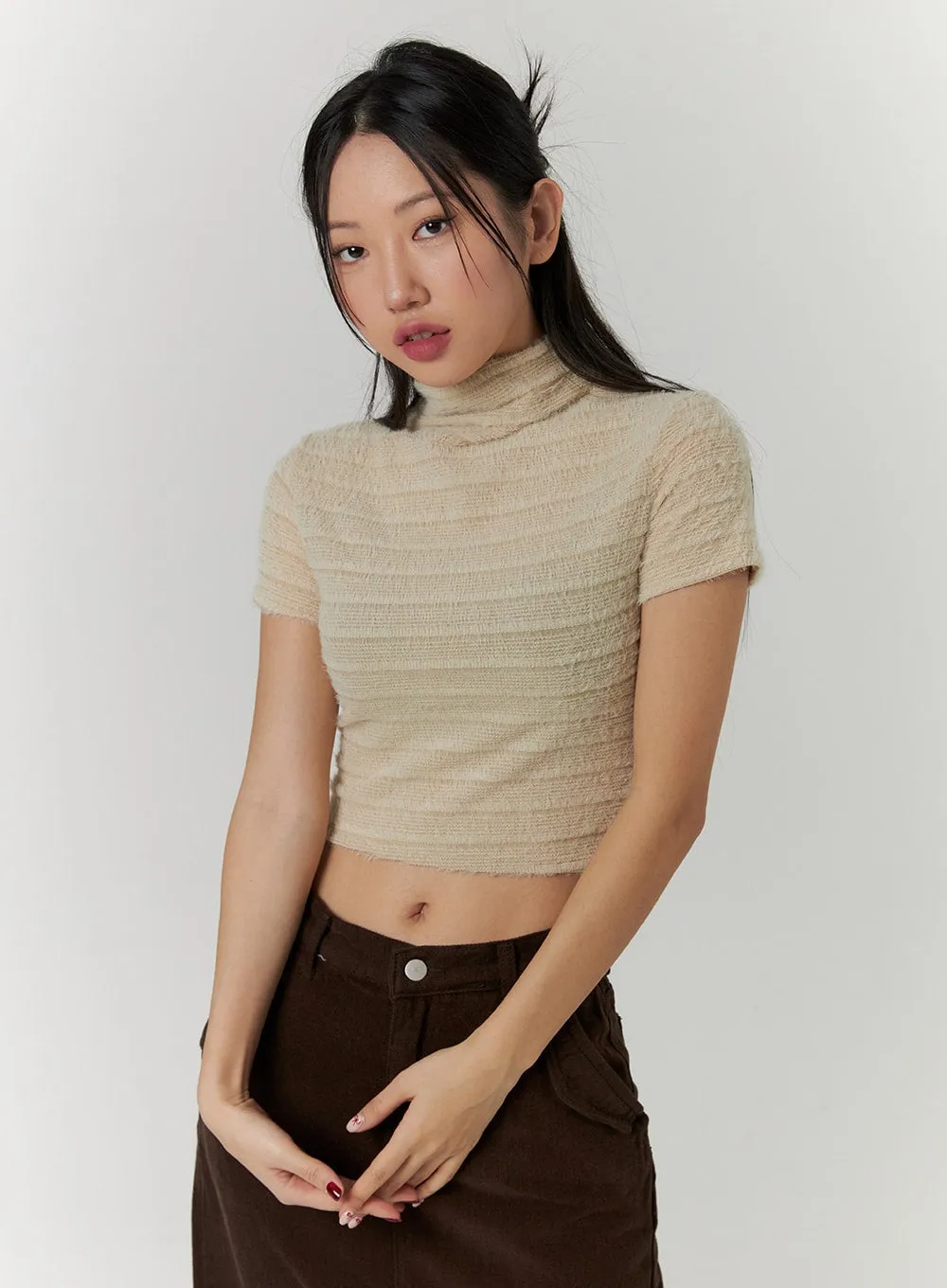 Solid High Collar Rib Knit Crop Top CD315