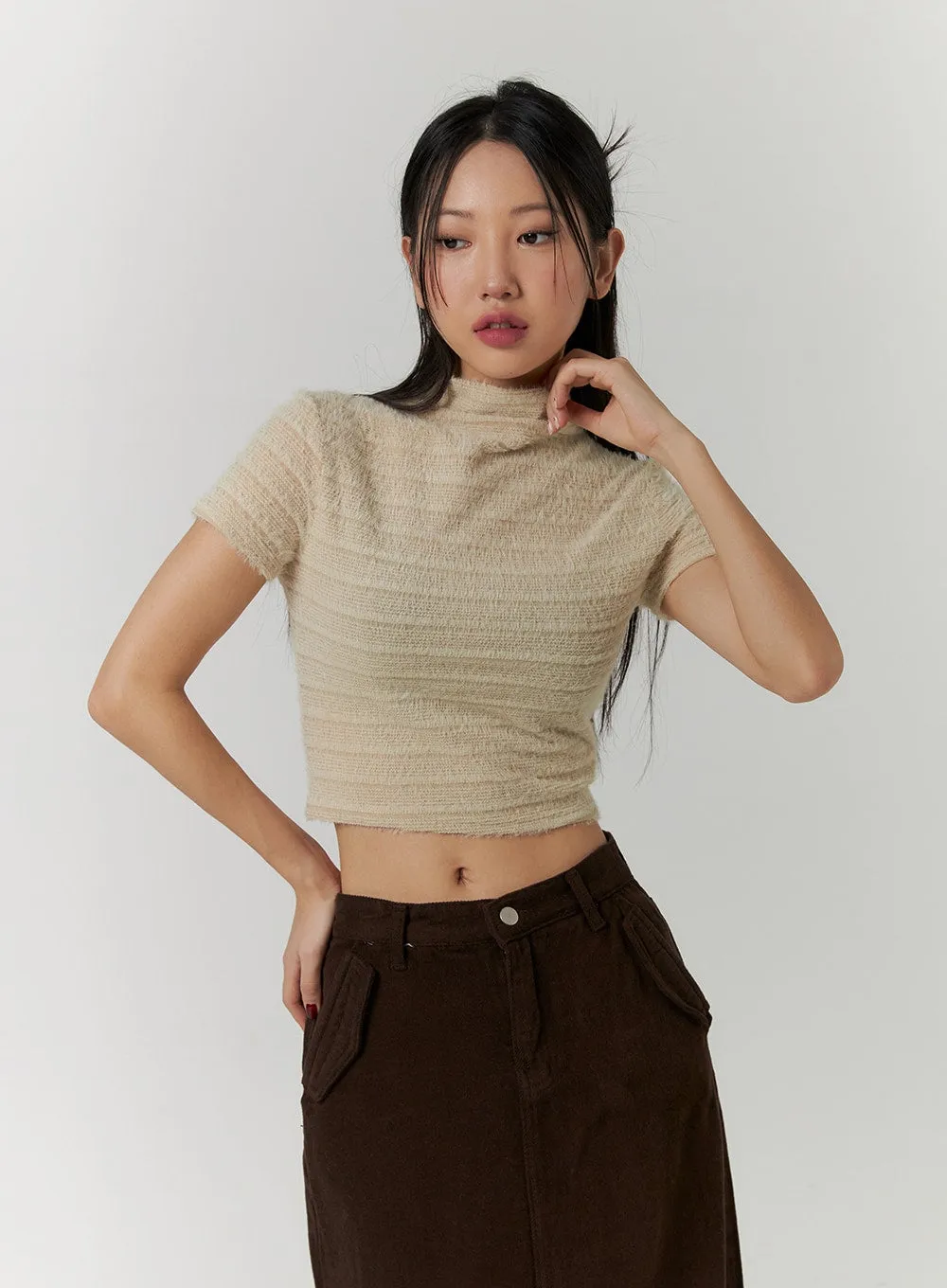 Solid High Collar Rib Knit Crop Top CD315