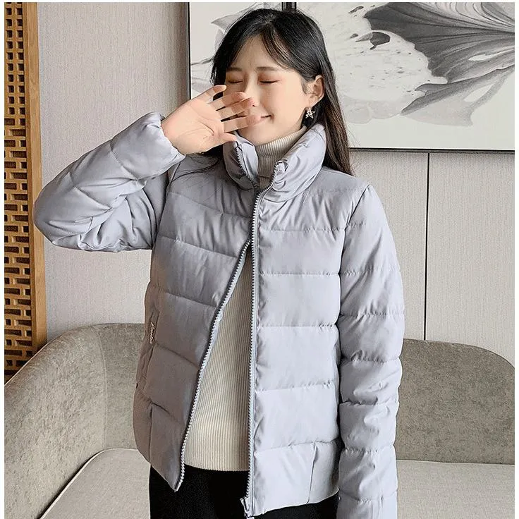 Stand-Up Collar Cropped Solid Puffer Jacket