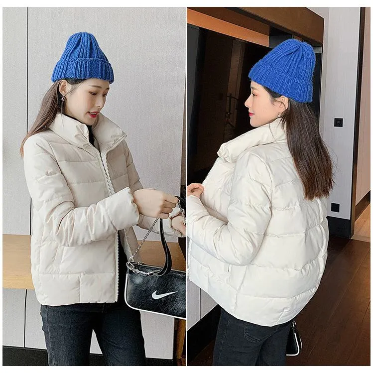 Stand-Up Collar Cropped Solid Puffer Jacket