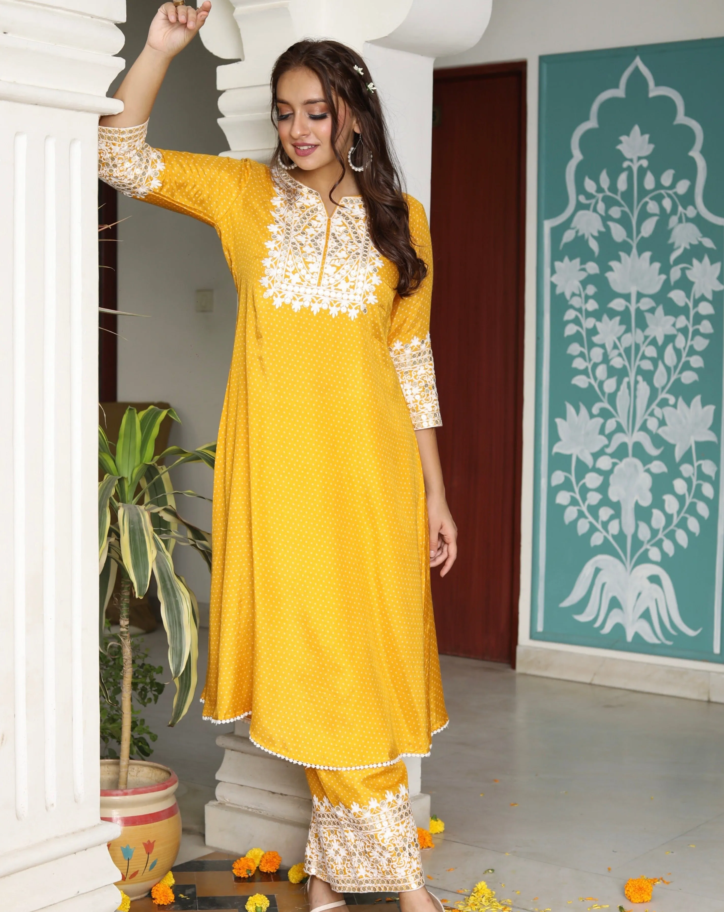 SUNSHINE YELLOW EMBROIDERED SILK KURTA PANTS