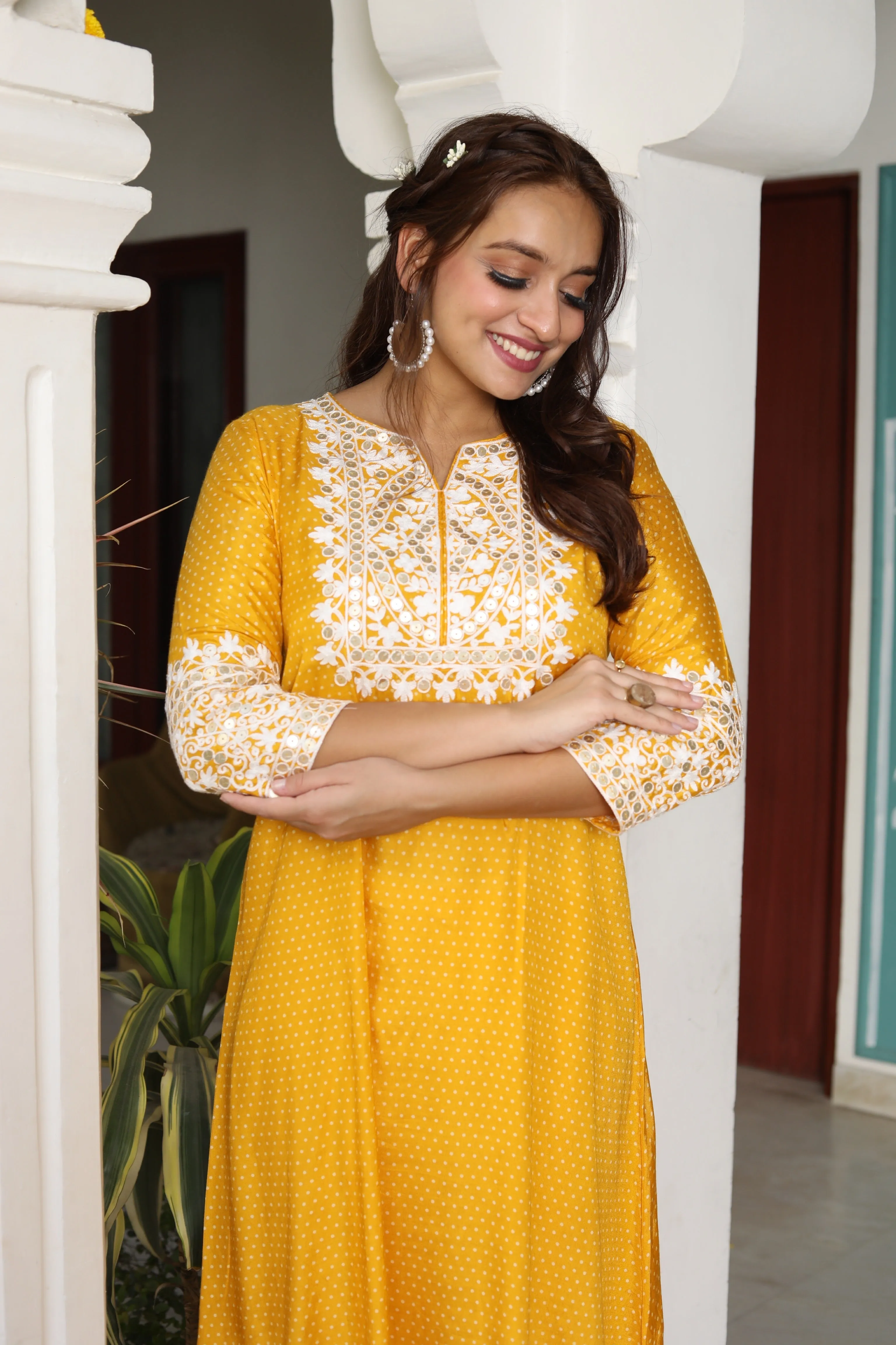 SUNSHINE YELLOW EMBROIDERED SILK KURTA PANTS