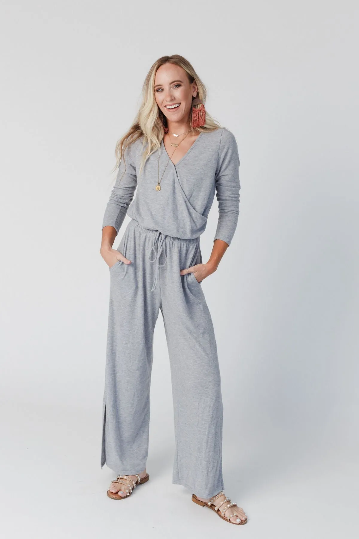 The Nest As It Was Cross Front Jumpsuit - Heather Gray