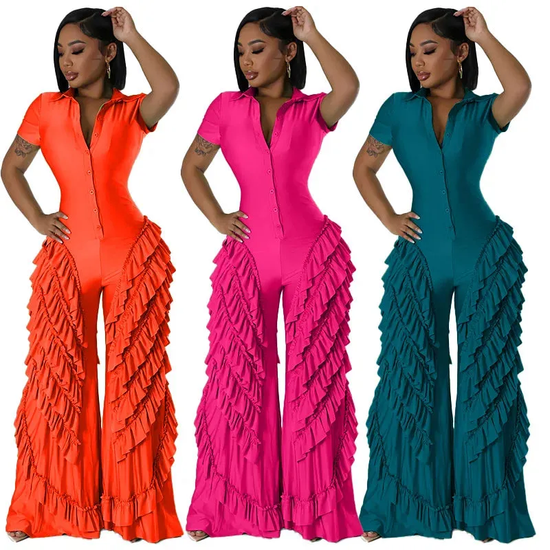 Trendy Flare Ruffle Ruffle Romper Jumpsuit