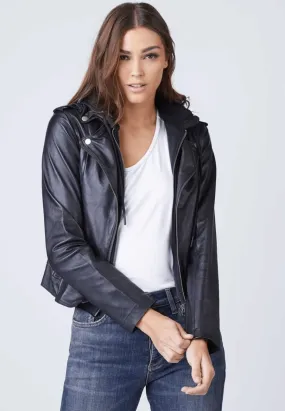 Versatile Women's Black Leather Jacket with Removable Hood